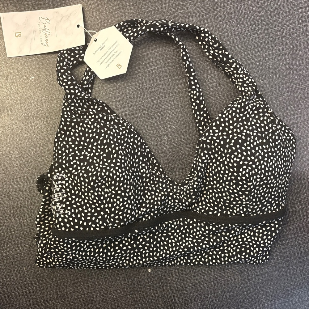 BuffBunny Alpha Sports Bra: Black Bossy Print-Black and White Bra with Polka Dot